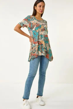 Tops>Roman Blue Floral Print Hanky Hem Tunic Top