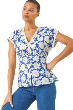 Tops>Roman Blue Floral Print Lace Trim Top