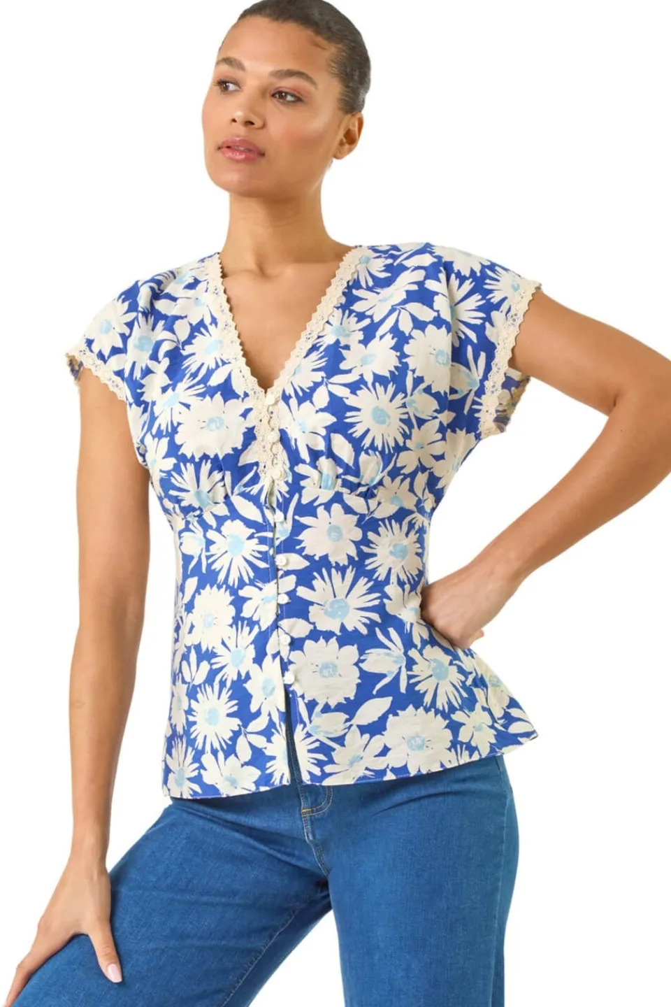 Tops>Roman Blue Floral Print Lace Trim Top