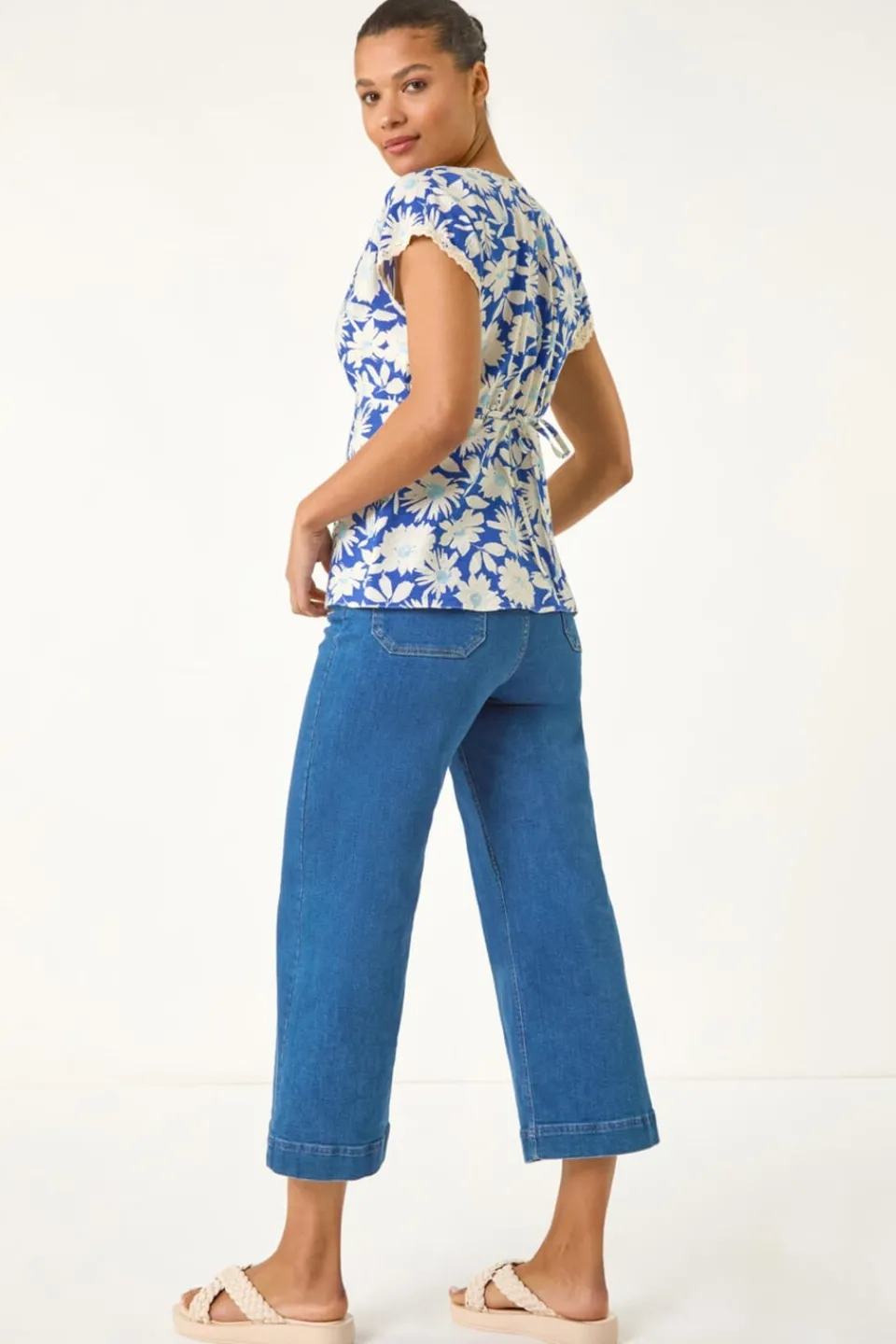 Tops>Roman Blue Floral Print Lace Trim Top