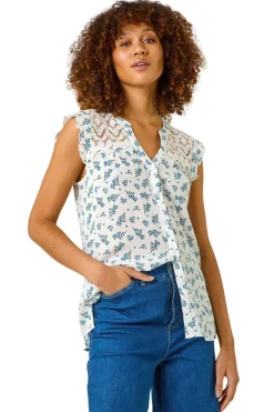 Tops>Roman Blue Floral Print Lace Yoke Blouse