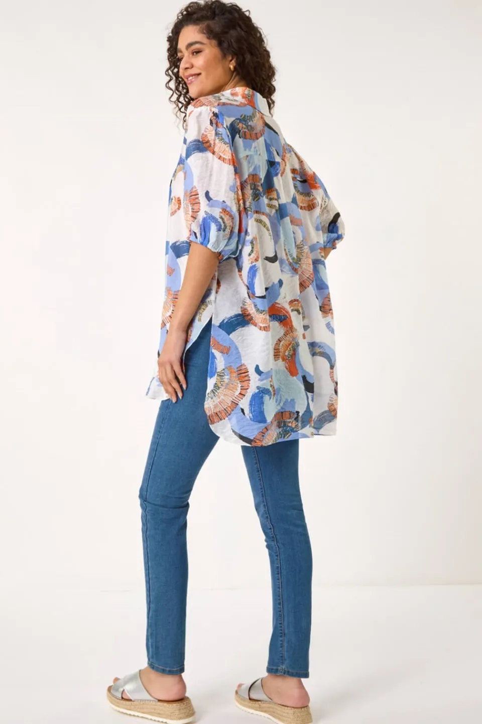 Tops>Roman Blue Floral Print Longline Overshirt