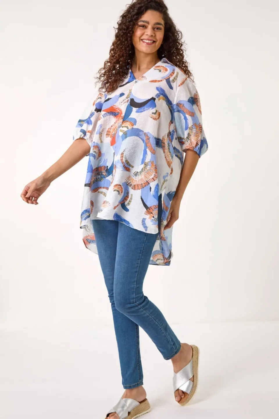 Tops>Roman Blue Floral Print Longline Overshirt