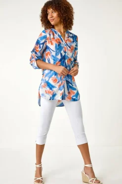 Blouses & Shirts>Roman Blue Floral Print Longline Blouse