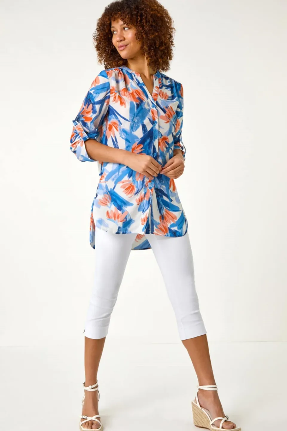 Blouses & Shirts>Roman Blue Floral Print Longline Blouse