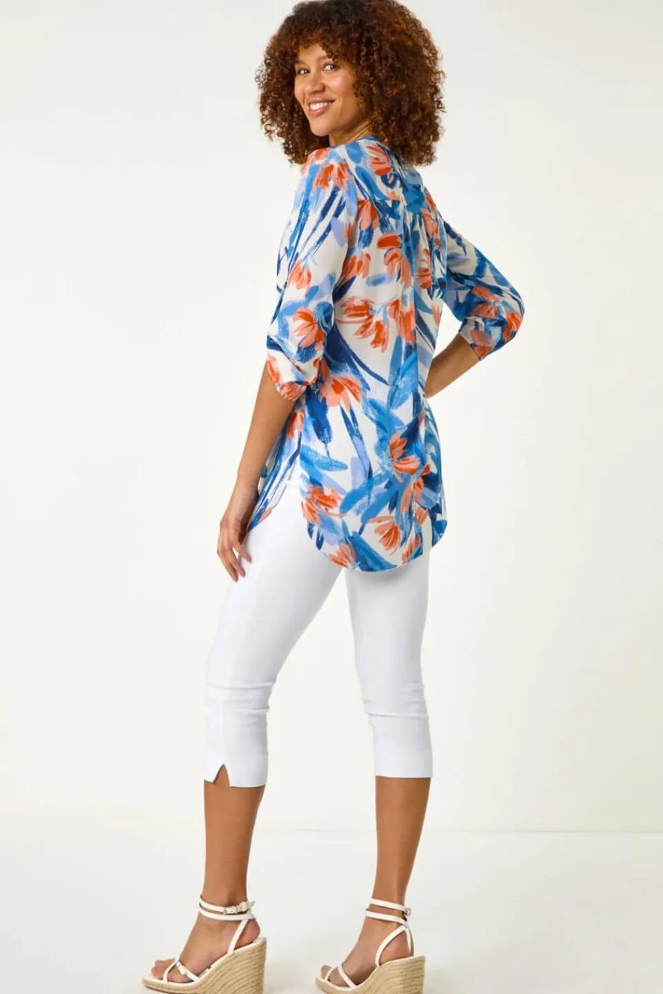 Blouses & Shirts>Roman Blue Floral Print Longline Blouse