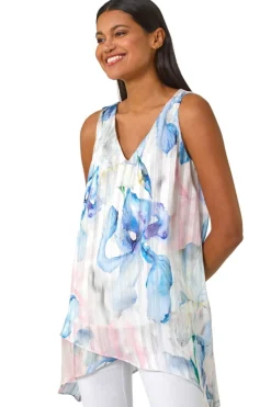 Tops>Roman Blue Floral Print Layered Tunic Top