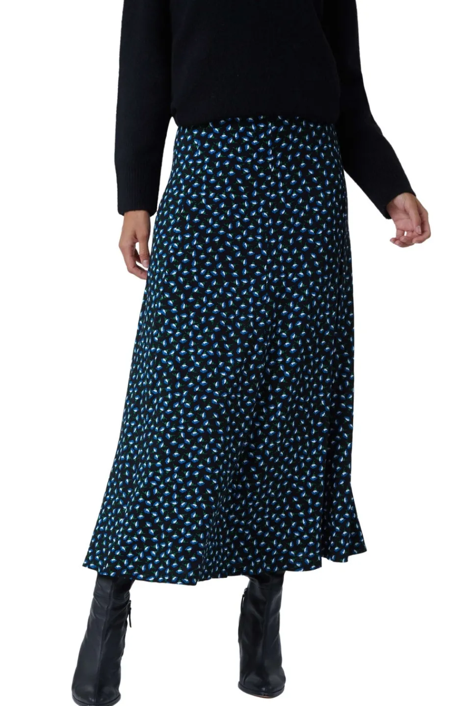 Skirts>Roman Blue Floral Print Midi Stretch Skirt