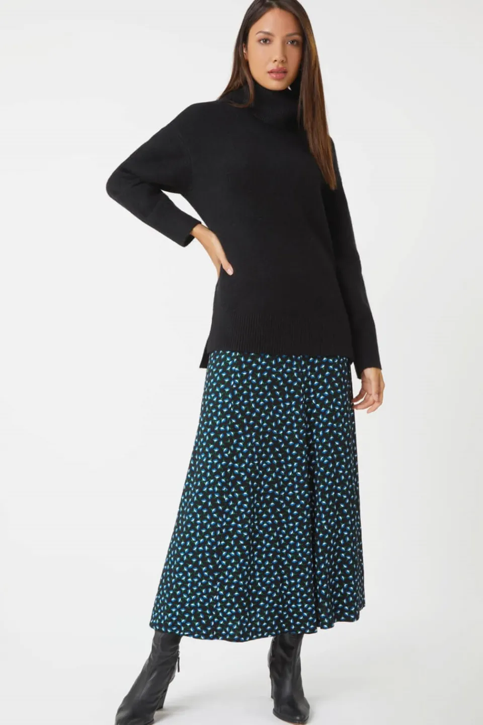 Skirts>Roman Blue Floral Print Midi Stretch Skirt