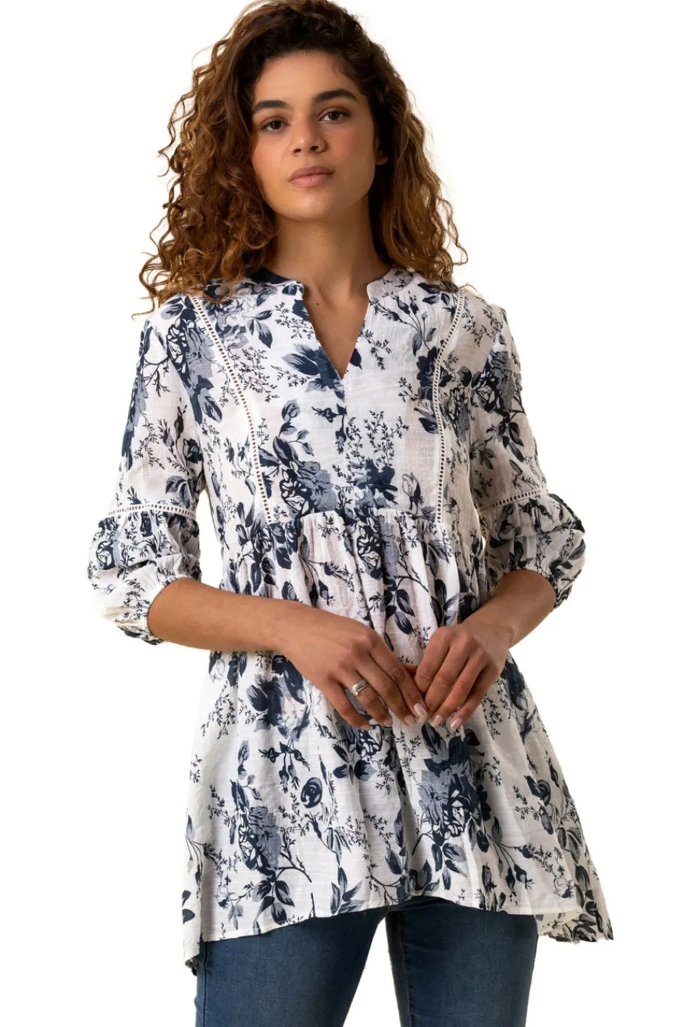 T-Shirts>Roman Blue Floral Print Notch Neck Top