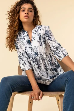 T-Shirts>Roman Blue Floral Print Notch Neck Top
