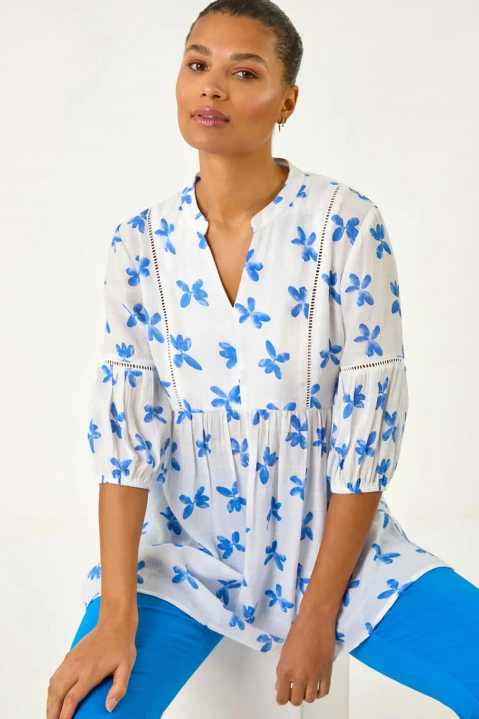 Tops>Roman Blue Floral Print Overshirt