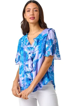 Blouses & Shirts>Roman Blue Floral Print Ruffle Top
