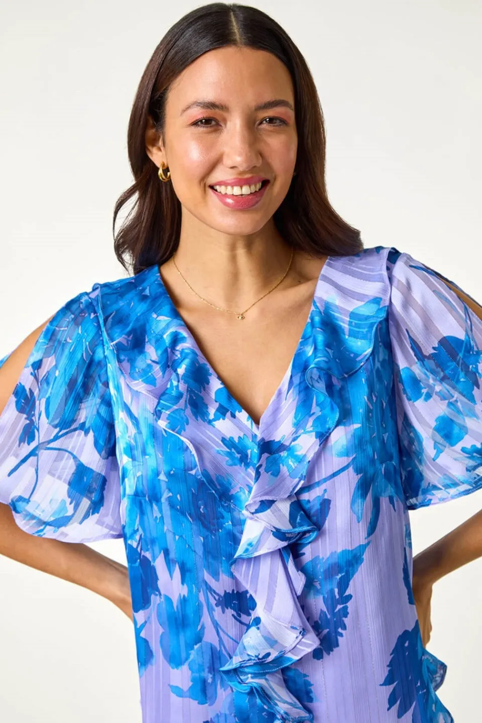Blouses & Shirts>Roman Blue Floral Print Ruffle Top