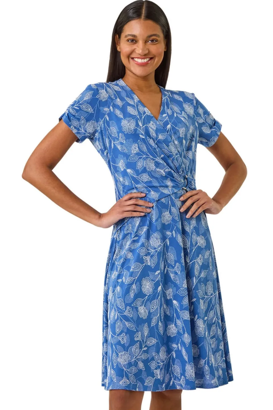 Dresses>Roman Blue Floral Print Ring Detail Midi Dress BlueFloral
