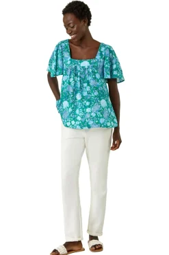 Tops>Roman Blue Floral Print Square Neck Top