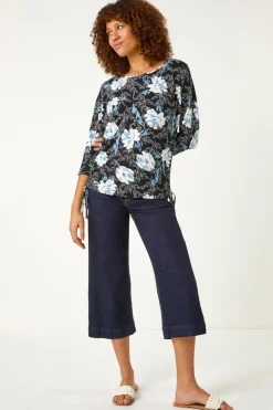 Tops>Roman Blue Floral Print Side Tie Stretch Top