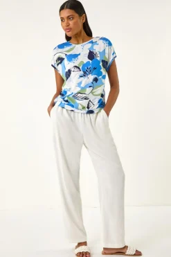 T-Shirts>Roman Blue Floral Print Short Sleeve Top
