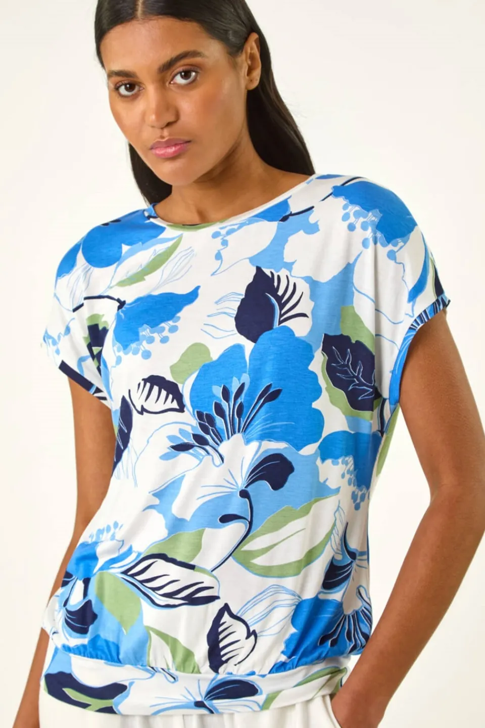 T-Shirts>Roman Blue Floral Print Short Sleeve Top