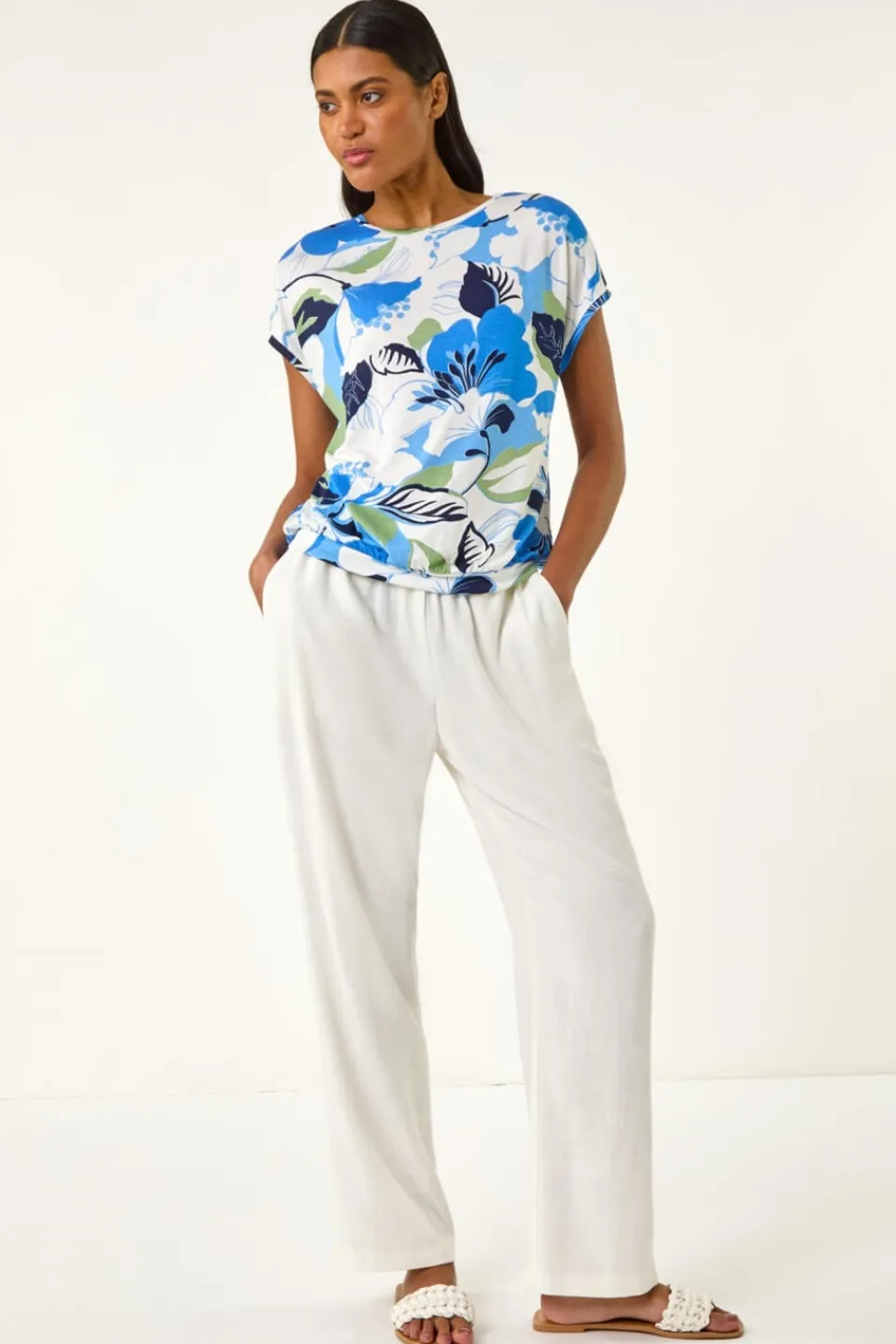 T-Shirts>Roman Blue Floral Print Short Sleeve Top