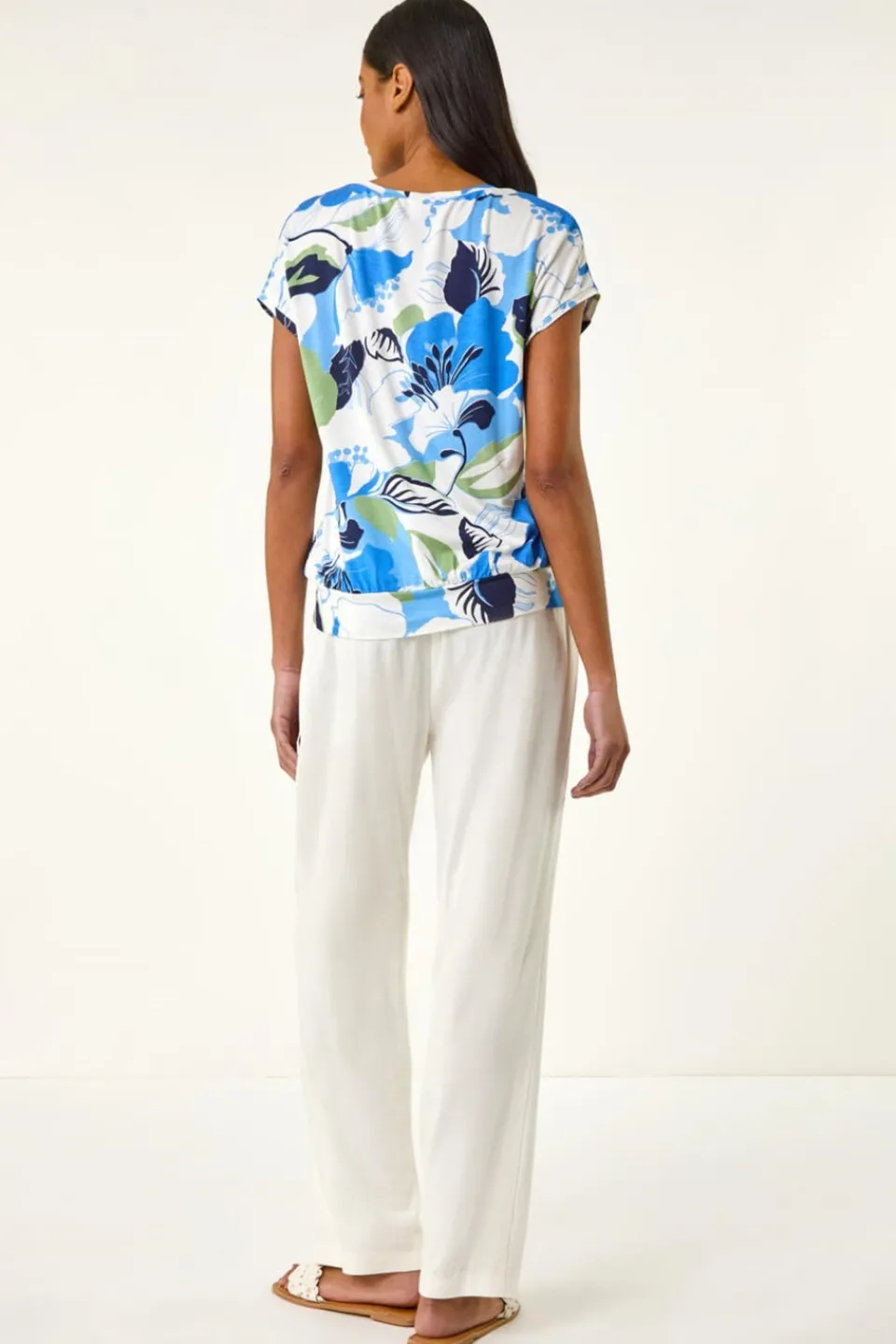 T-Shirts>Roman Blue Floral Print Short Sleeve Top