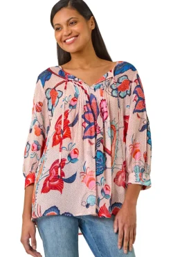 Tops>Roman Blue Floral Print Tie Front Top