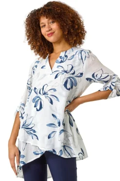 Tops>Roman Floral Print Wrapped Hem Top Blue