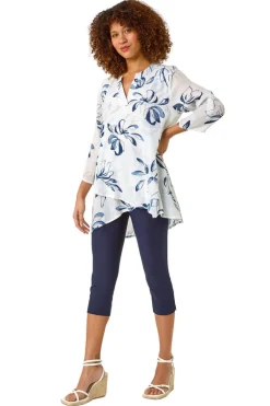 Tops>Roman Floral Print Wrapped Hem Top Blue