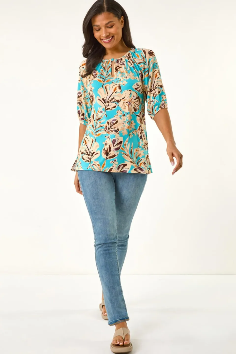 T-Shirts>Roman Blue Floral Printed Keyhole Front Stretch Top