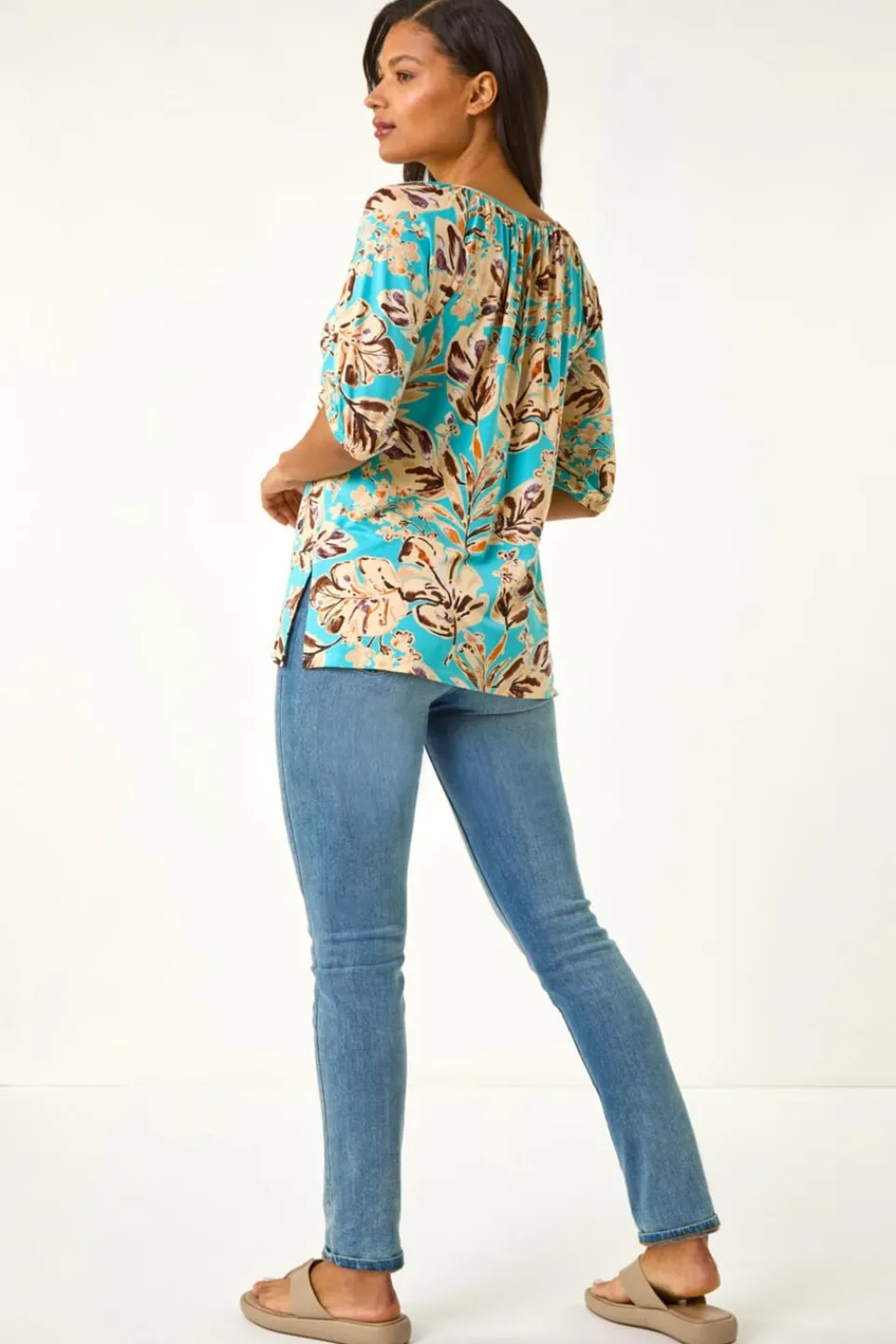 T-Shirts>Roman Blue Floral Printed Keyhole Front Stretch Top