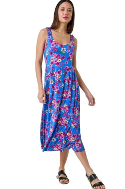 Dresses>Roman Blue Floral Shirred Strap Midi Dress