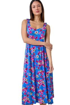 Dresses>Roman Blue Floral Shirred Strap Midi Dress