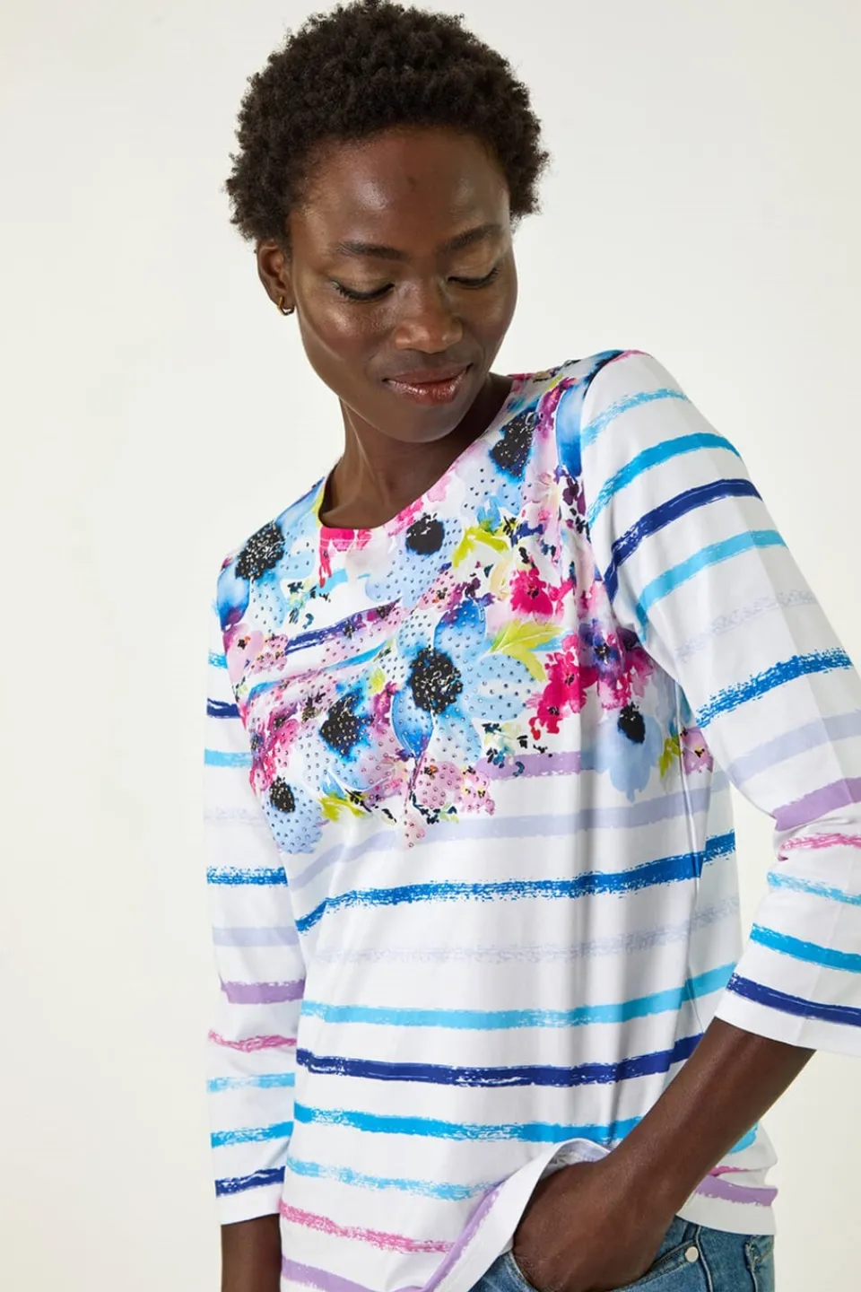 Tops>Roman Blue Floral Stripe Hotfix Top