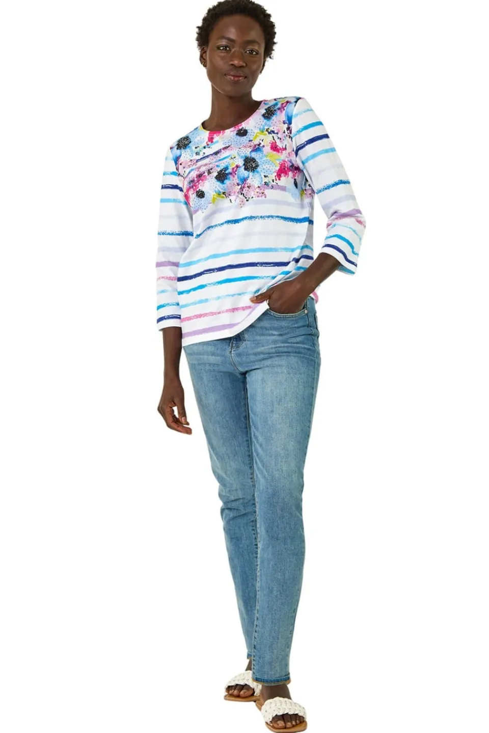 Tops>Roman Blue Floral Stripe Hotfix Top