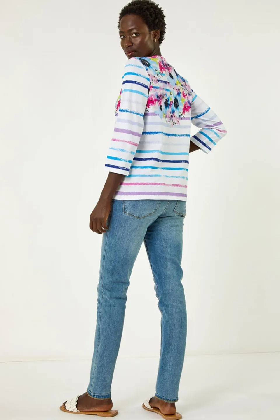 Tops>Roman Blue Floral Stripe Hotfix Top