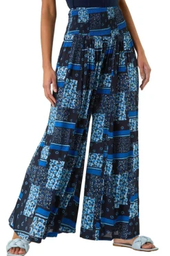 Trousers>Roman Blue Floral Tile Print Palazzo Wide Leg Trouser