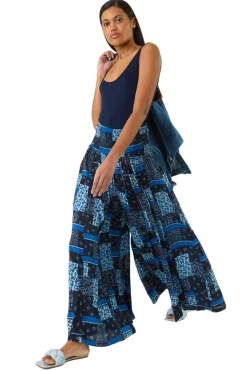 Trousers>Roman Blue Floral Tile Print Palazzo Wide Leg Trouser