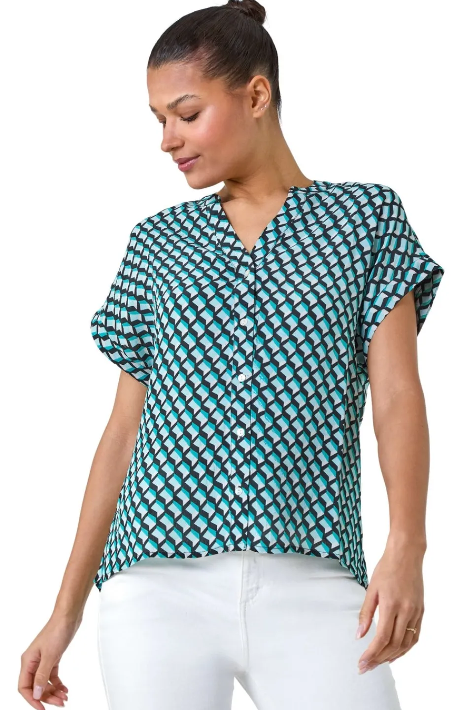 Blouses & Shirts>Roman Blue Geometric Print Relaxed Shirt
