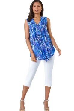 Tops>Roman Blue Leaf Print Ruffle Front Buttoned Blouse