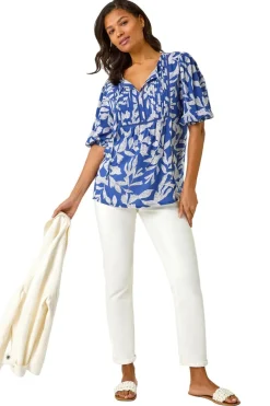 Tops>Roman Blue Leaf Print Tie Neck Pleated Top