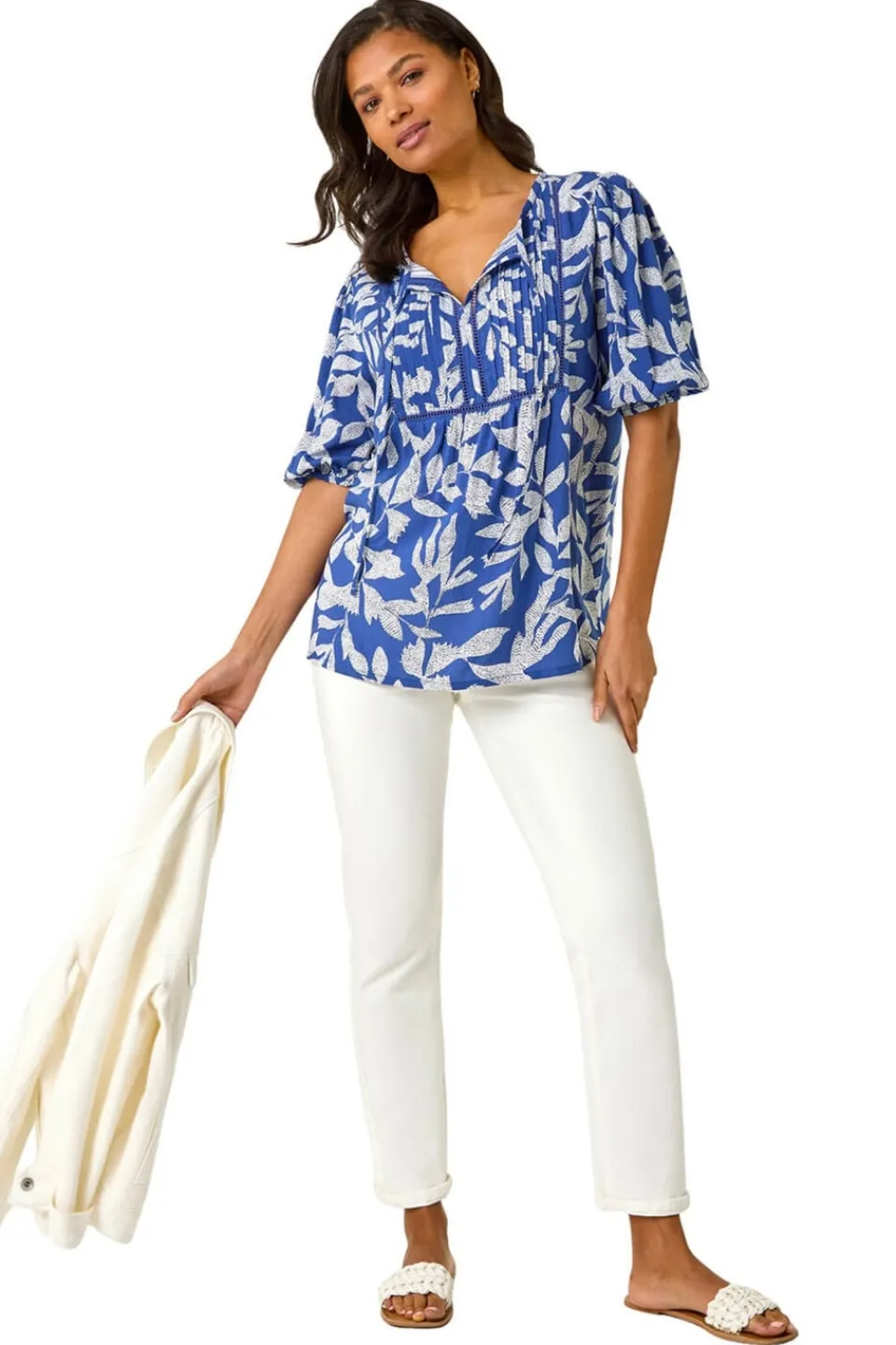 Tops>Roman Blue Leaf Print Tie Neck Pleated Top