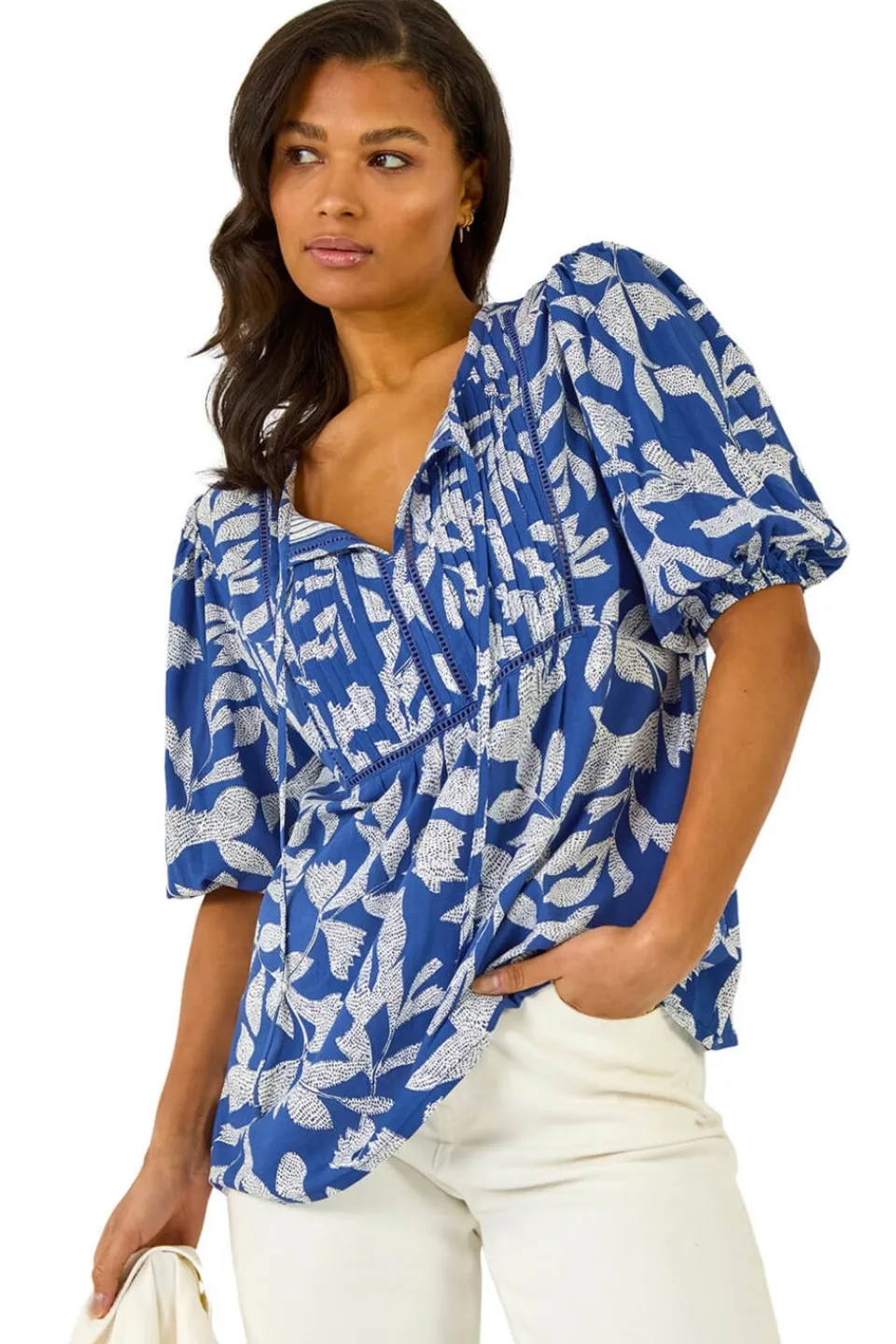Tops>Roman Blue Leaf Print Tie Neck Pleated Top