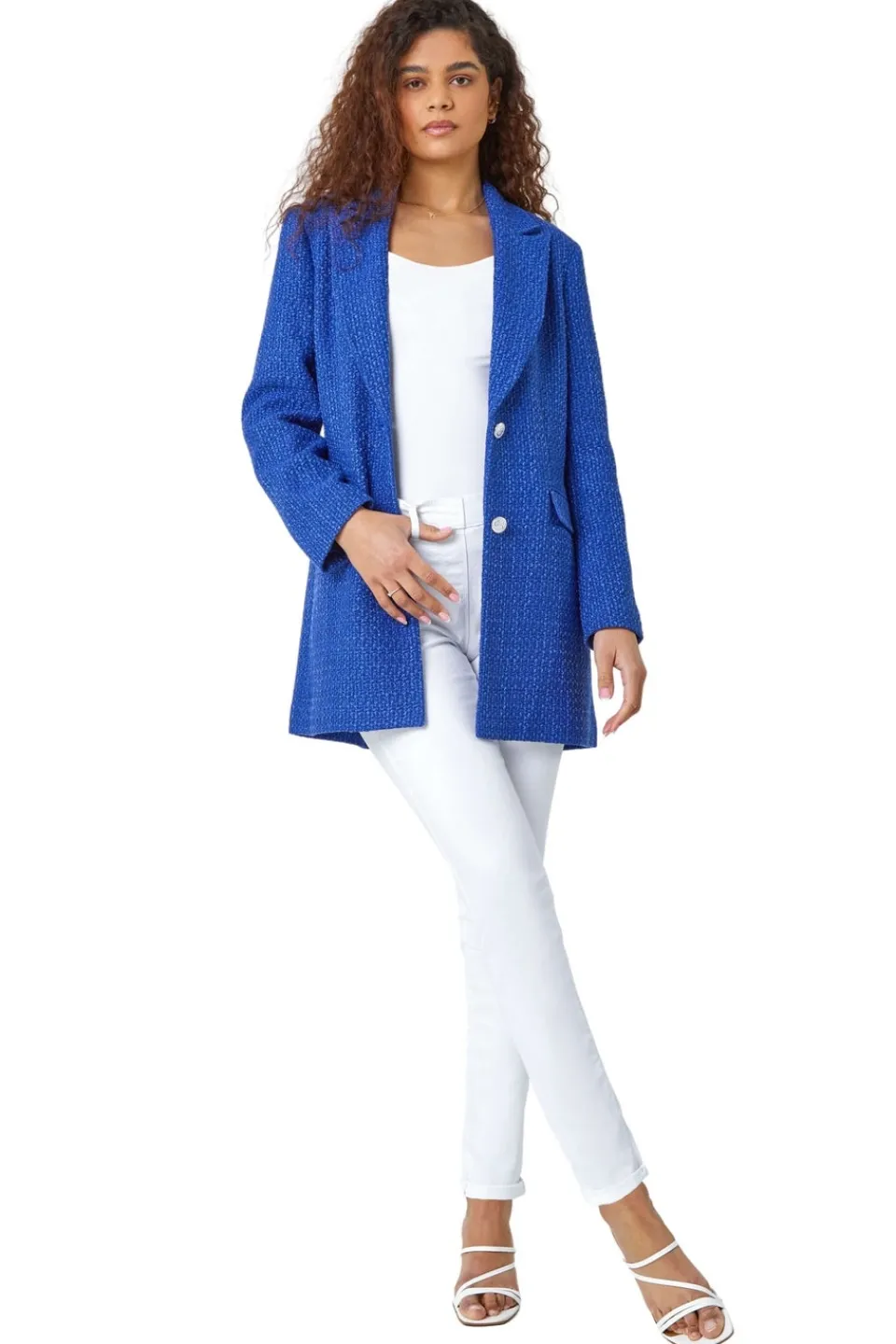 Coats & Jackets>Roman Blue Longline Boucle Textured Jacket