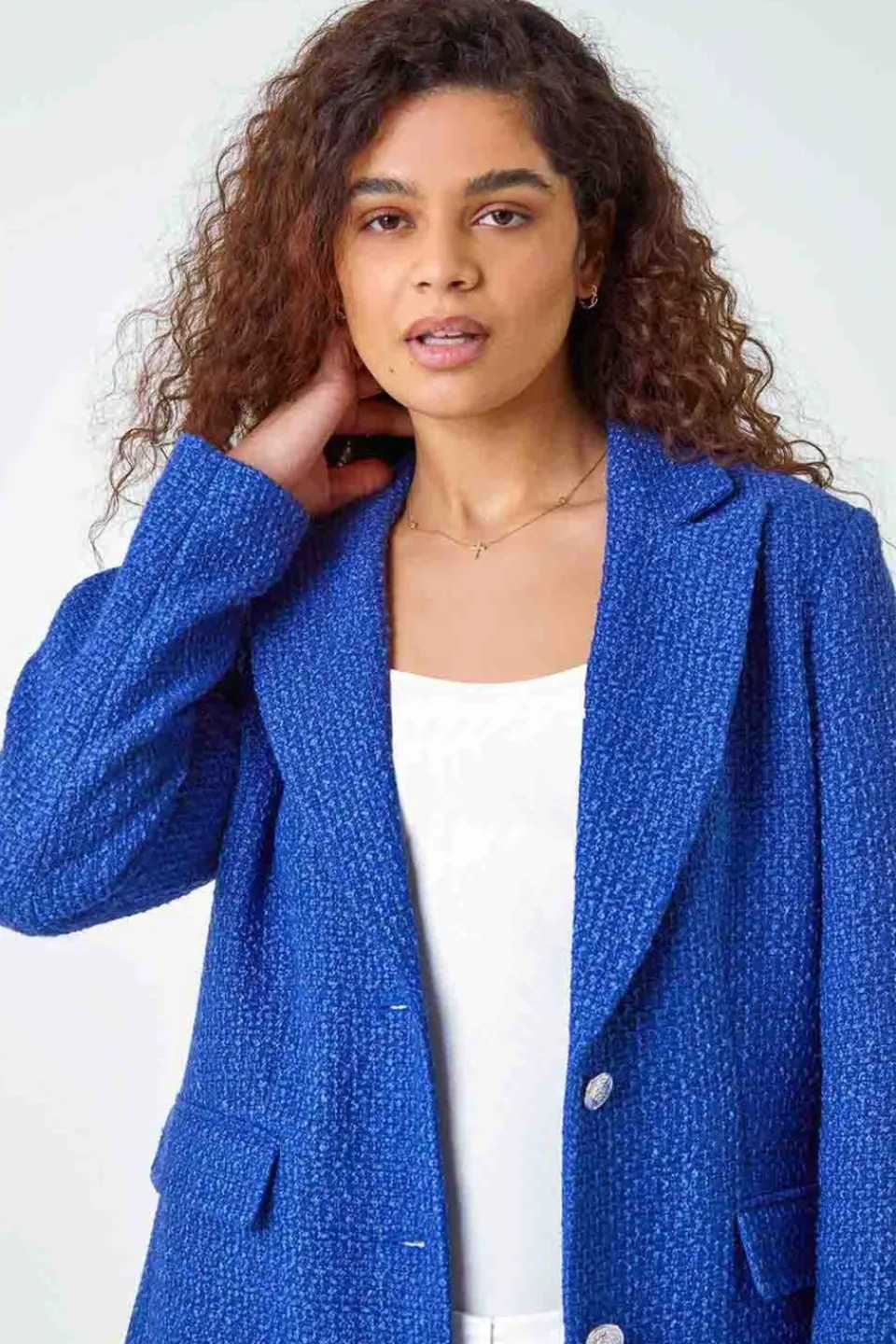 Coats & Jackets>Roman Blue Longline Boucle Textured Jacket