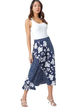 Skirts>Roman Blue Mixed Floral Spot Print A Line Midi Skirt