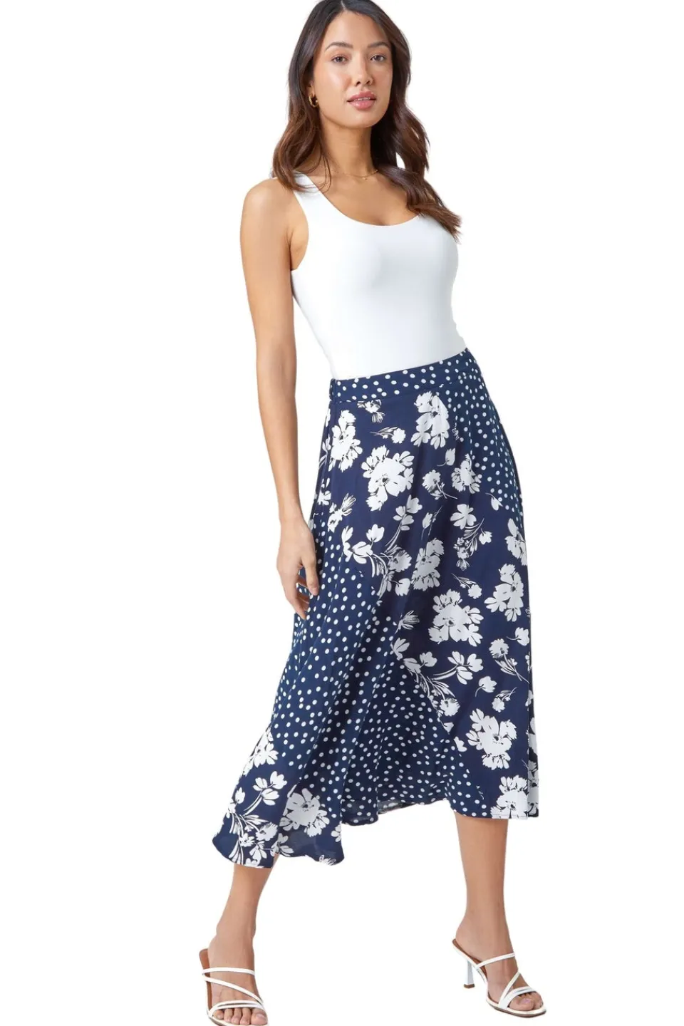 Skirts>Roman Blue Mixed Floral Spot Print A Line Midi Skirt