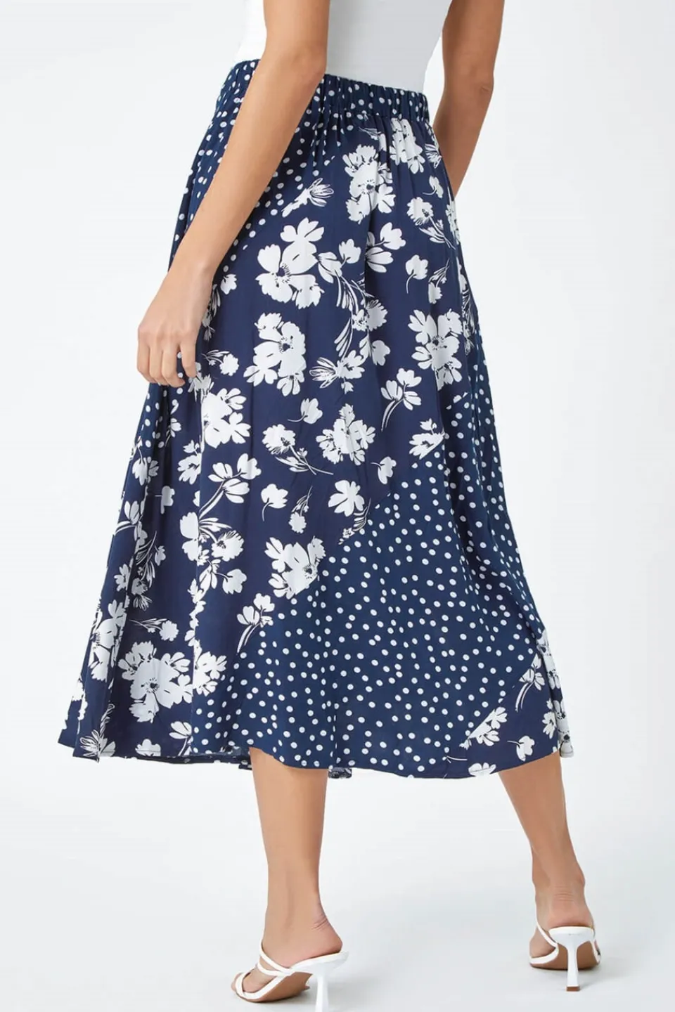 Skirts>Roman Blue Mixed Floral Spot Print A Line Midi Skirt