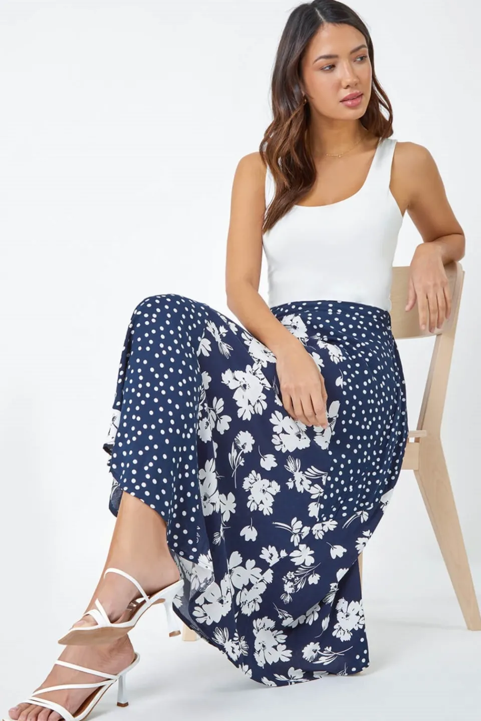 Skirts>Roman Blue Mixed Floral Spot Print A Line Midi Skirt