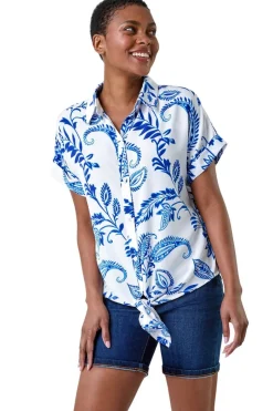 Blouses & Shirts>Roman Blue Paisley Leaf Print Tie Front Top