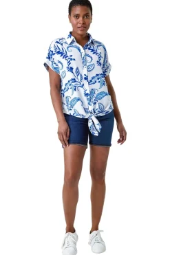 Blouses & Shirts>Roman Blue Paisley Leaf Print Tie Front Top